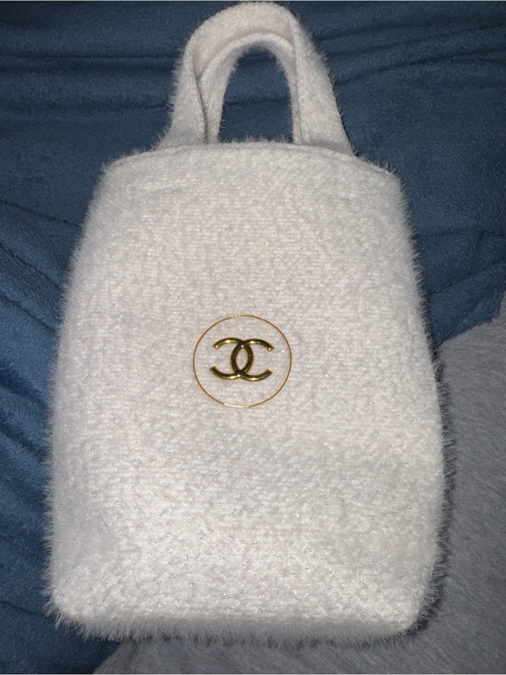 Channel White Fuzzy Mini Tote with Gold Logo